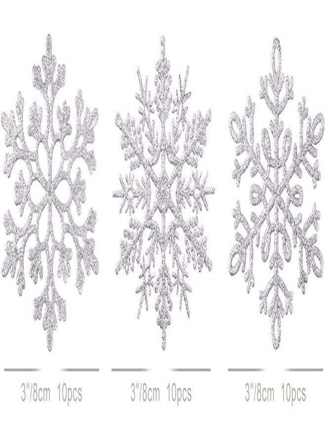 XmasExp 80mm/3inch Glitter Snowflake Ornaments Set mini Christmas Tree Hanging Plastic Decoration for Xmas Party Wedding Anniversary Window Door Home Accessories (30pcs,Silver) - Image 2